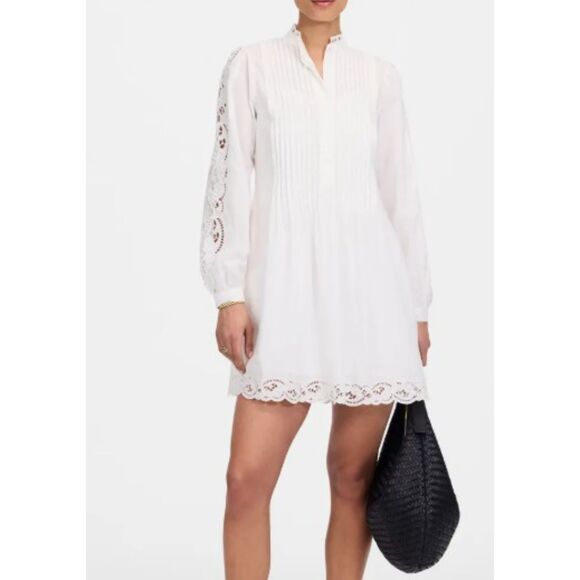 Madewell Pintuck Eyelet Mini Dress XXS White Long Sleeve Cottagecore NU568 NWT - Picture 2 of 15